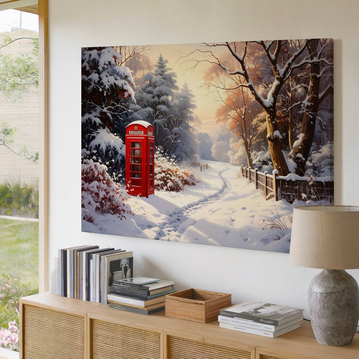 Red Phone Booth Winter Canvas – Glowing Forest Lane with Snow & Nostalgia - Gifitto
