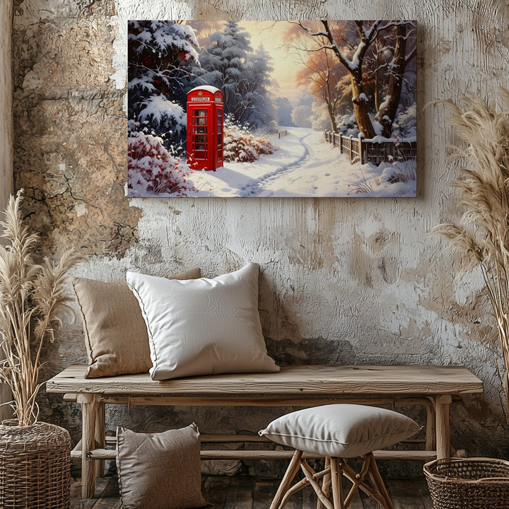 Red Phone Booth Winter Canvas – Glowing Forest Lane with Snow & Nostalgia - Gifitto
