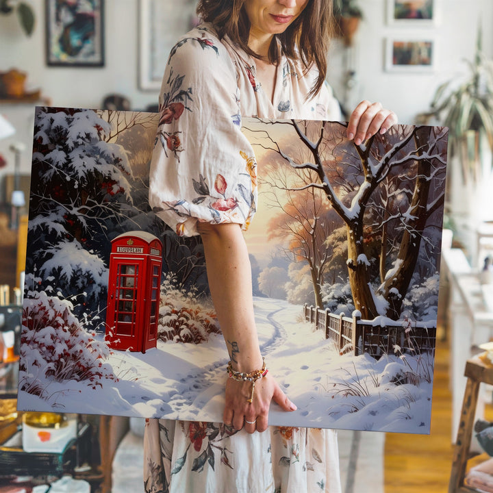 Red Phone Booth Winter Canvas – Glowing Forest Lane with Snow & Nostalgia - Gifitto