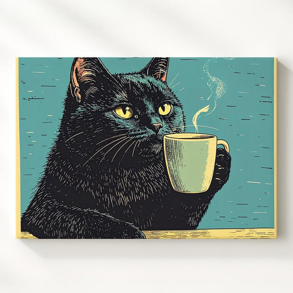 Coffee Cat Canvas – Quirky Black Feline Holding Mug Illustration - Gifitto