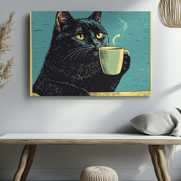 Coffee Cat Canvas – Quirky Black Feline Holding Mug Illustration - Gifitto