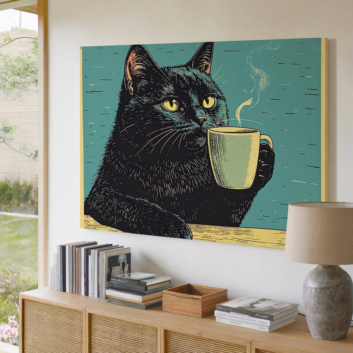 Coffee Cat Canvas – Quirky Black Feline Holding Mug Illustration - Gifitto