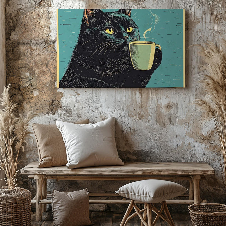 Coffee Cat Canvas – Quirky Black Feline Holding Mug Illustration - Gifitto