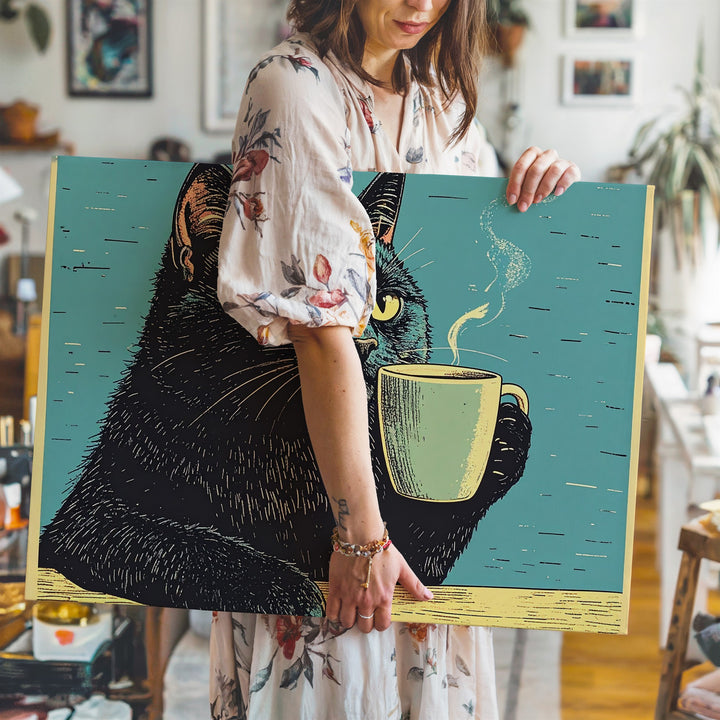 Coffee Cat Canvas – Quirky Black Feline Holding Mug Illustration - Gifitto