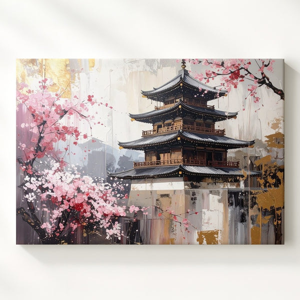 Golden Sakura Pagoda Canvas – Serene Japanese Cherry Blossom Art