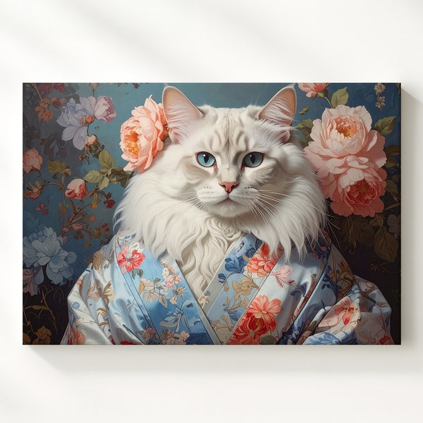 Baroque White Cat Kimono Canvas – Elegant Floral Portrait Art - Gifitto