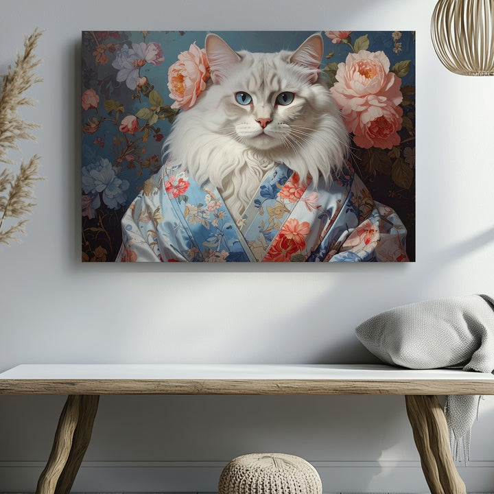 Baroque White Cat Kimono Canvas – Elegant Floral Portrait Art - Gifitto
