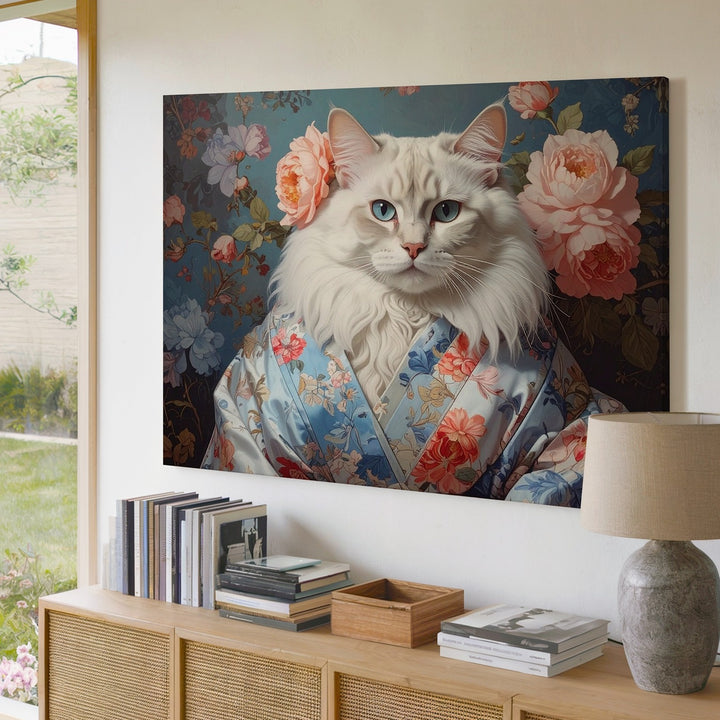 Baroque White Cat Kimono Canvas – Elegant Floral Portrait Art - Gifitto