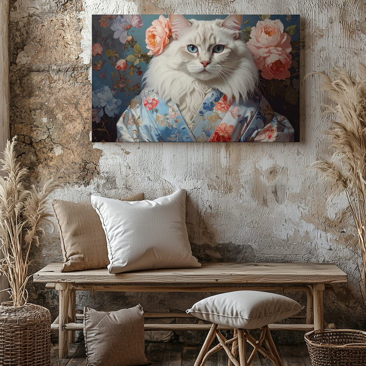 Baroque White Cat Kimono Canvas – Elegant Floral Portrait Art - Gifitto