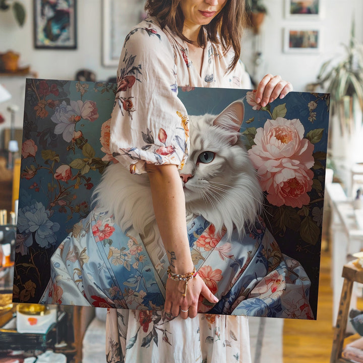 Baroque White Cat Kimono Canvas – Elegant Floral Portrait Art - Gifitto