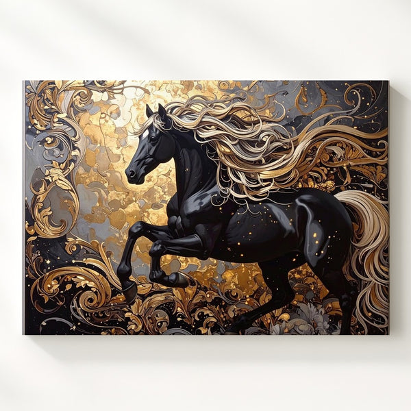 Regal Leap Canvas – Black Horse with Golden Mane in Baroque Art - Gifitto