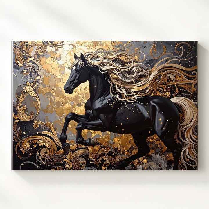 Regal Leap Canvas – Black Horse with Golden Mane in Baroque Art - Gifitto
