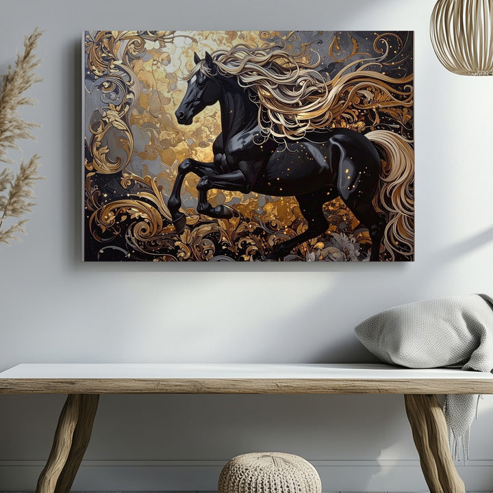 Regal Leap Canvas – Black Horse with Golden Mane in Baroque Art - Gifitto