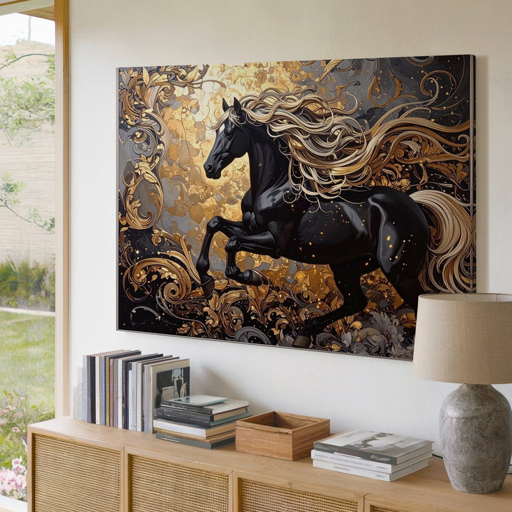 Regal Leap Canvas – Black Horse with Golden Mane in Baroque Art - Gifitto