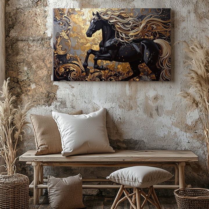 Regal Leap Canvas – Black Horse with Golden Mane in Baroque Art - Gifitto