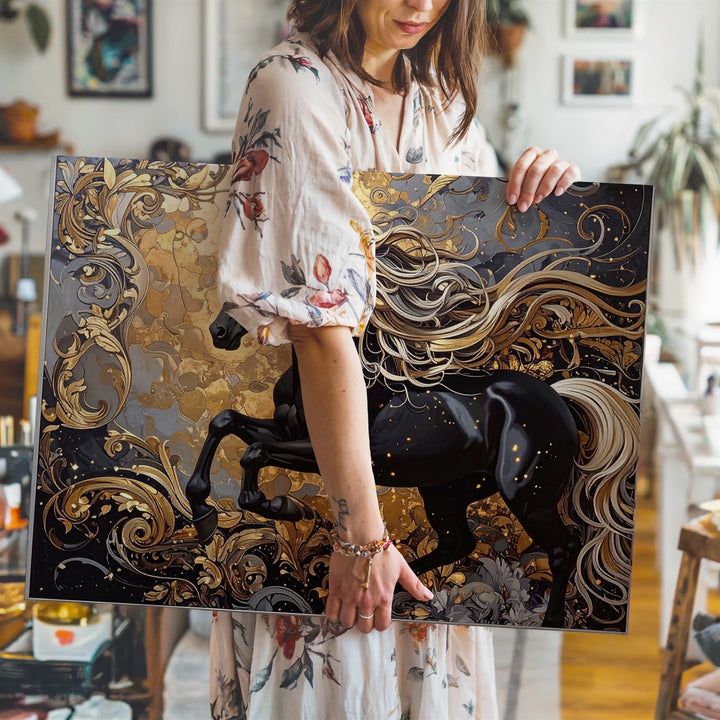 Regal Leap Canvas – Black Horse with Golden Mane in Baroque Art - Gifitto