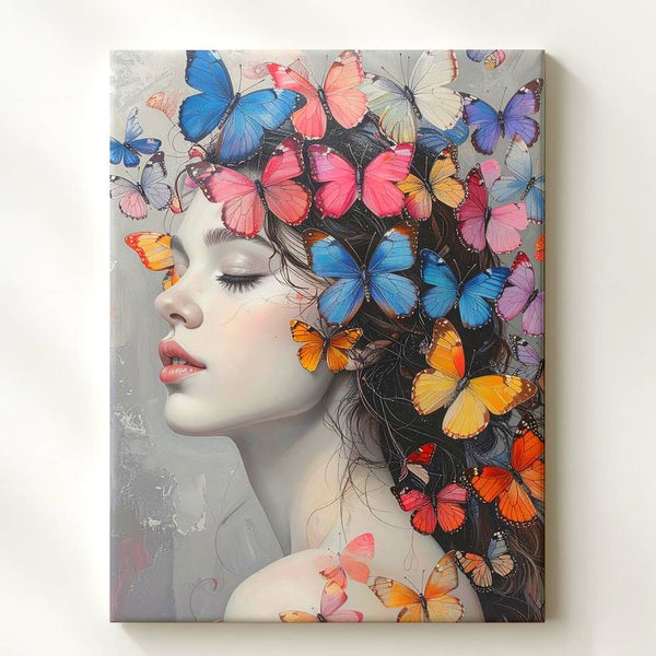 Surreal Butterfly Transformation Canvas – Grayscale Woman with Vibrant Butterflies - Gifitto