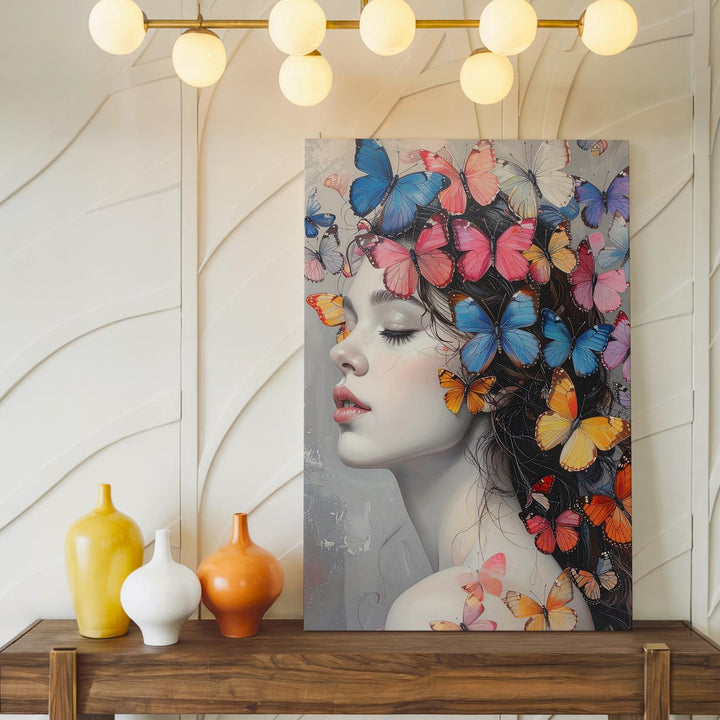 Surreal Butterfly Transformation Canvas – Grayscale Woman with Vibrant Butterflies - Gifitto