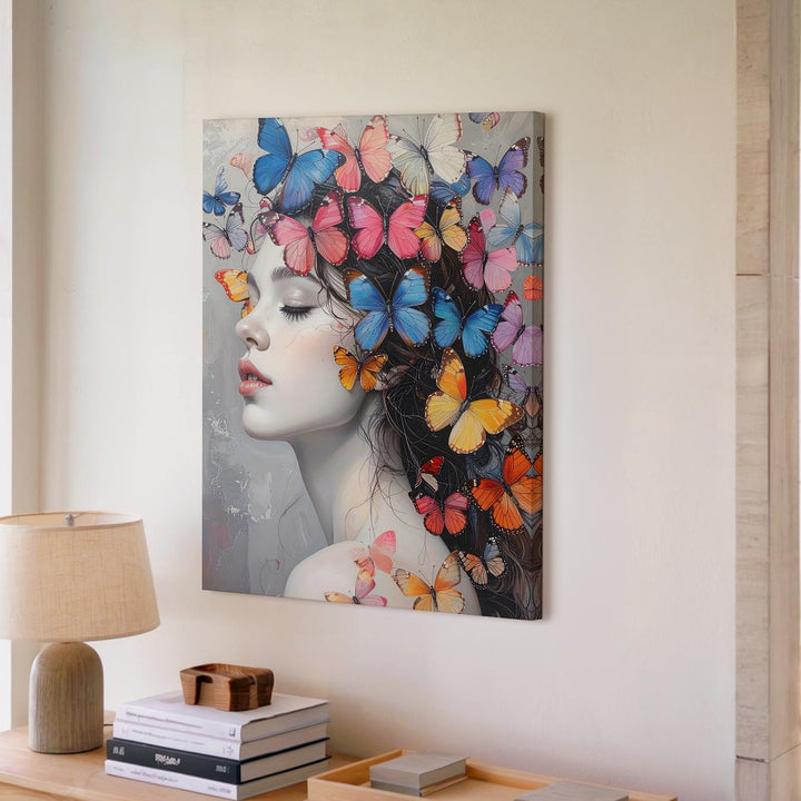 Surreal Butterfly Transformation Canvas – Grayscale Woman with Vibrant Butterflies - Gifitto