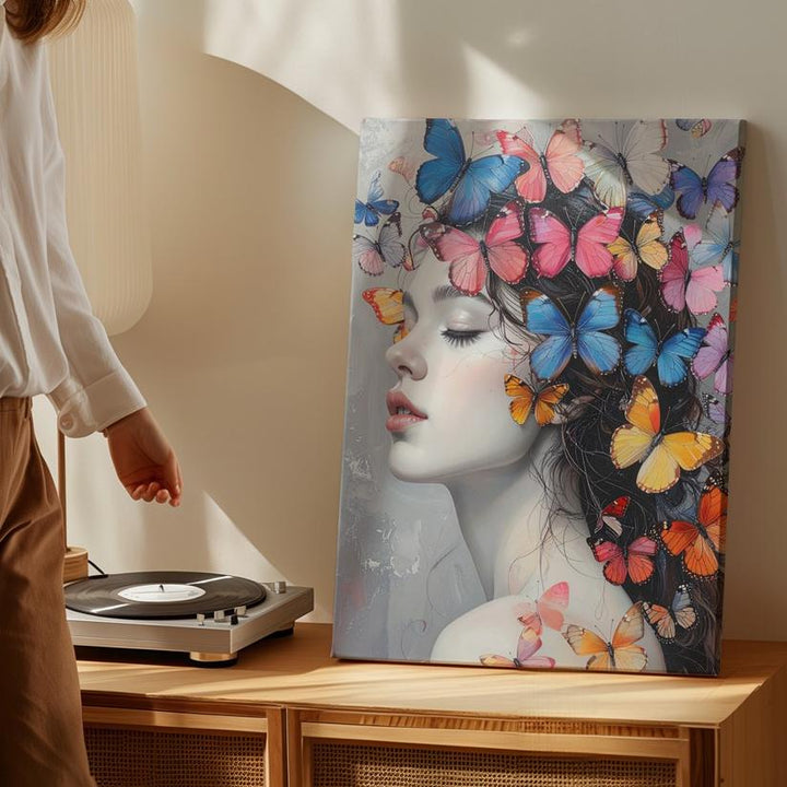 Surreal Butterfly Transformation Canvas – Grayscale Woman with Vibrant Butterflies - Gifitto