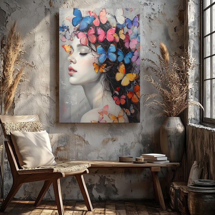 Surreal Butterfly Transformation Canvas – Grayscale Woman with Vibrant Butterflies - Gifitto