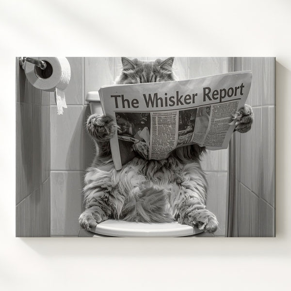 Fluffy Cat Toilet Newspaper Canvas – Humorous Feline Bathroom Art - Gifitto