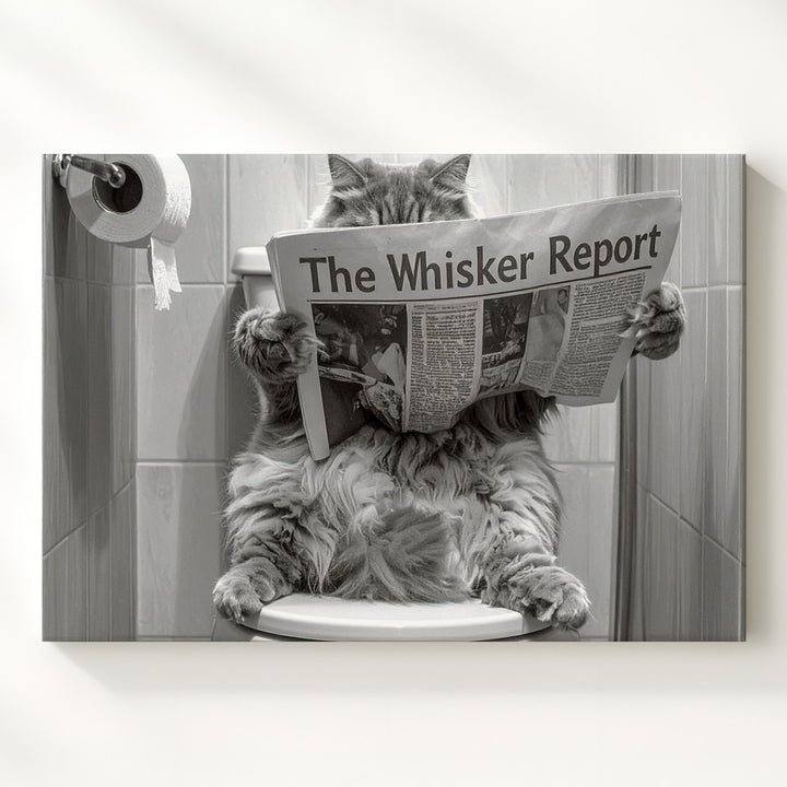 Fluffy Cat Toilet Newspaper Canvas – Humorous Feline Bathroom Art - Gifitto