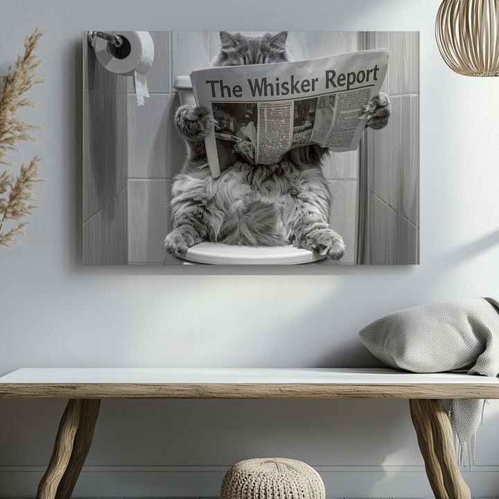 Fluffy Cat Toilet Newspaper Canvas – Humorous Feline Bathroom Art - Gifitto