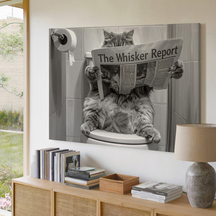 Fluffy Cat Toilet Newspaper Canvas – Humorous Feline Bathroom Art - Gifitto