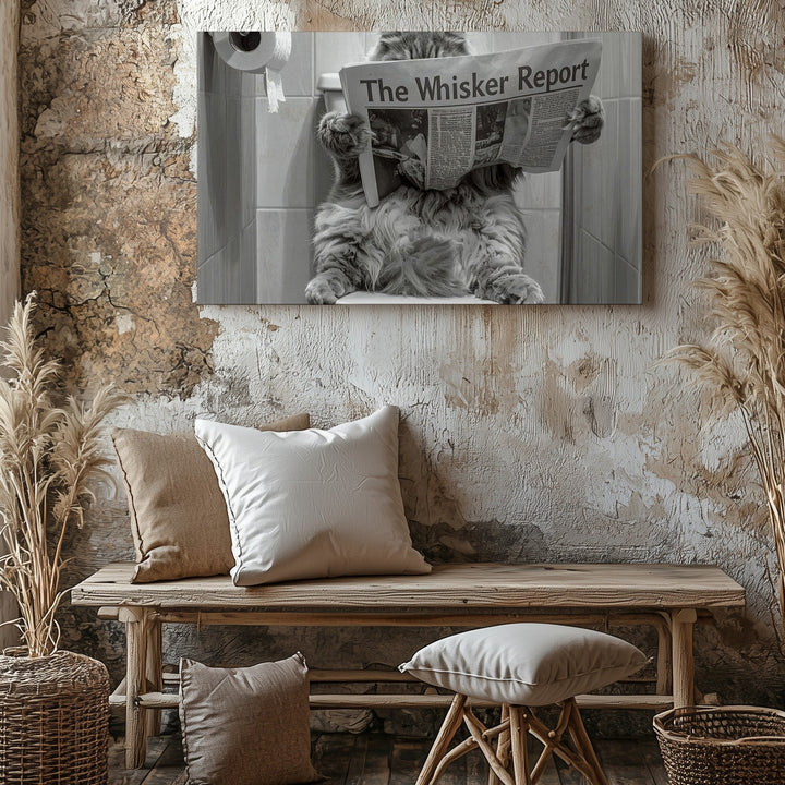 Fluffy Cat Toilet Newspaper Canvas – Humorous Feline Bathroom Art - Gifitto