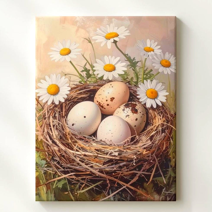 Nest with Eggs and Daisies Canvas – Springtime Wall Art - Gifitto
