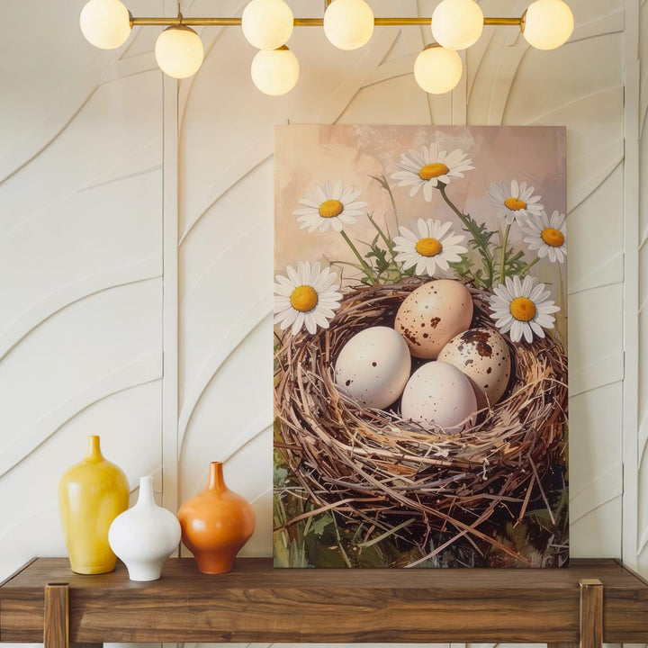 Nest with Eggs and Daisies Canvas – Springtime Wall Art - Gifitto