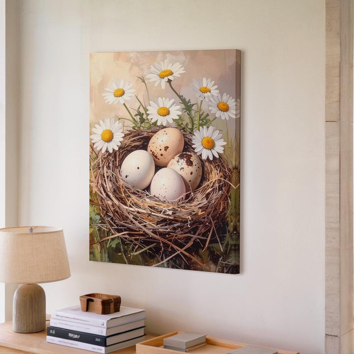 Nest with Eggs and Daisies Canvas – Springtime Wall Art - Gifitto