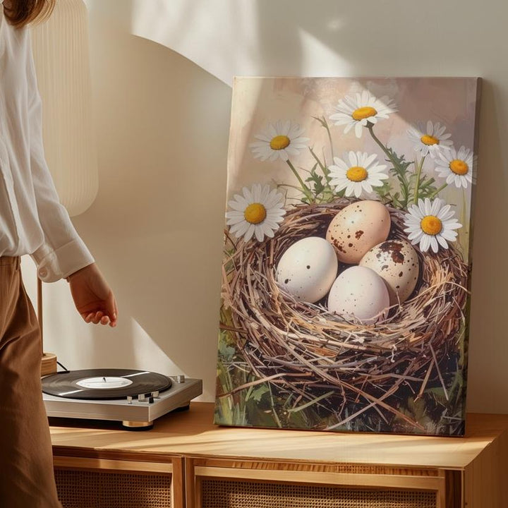 Nest with Eggs and Daisies Canvas – Springtime Wall Art - Gifitto