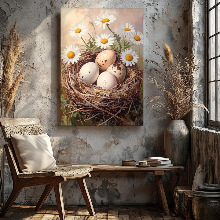 Nest with Eggs and Daisies Canvas – Springtime Wall Art - Gifitto