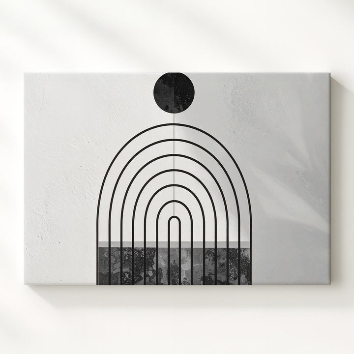 Celestial Arches Canvas – Modern Geometric Art with Black Circle and Concentric Arches - Gifitto