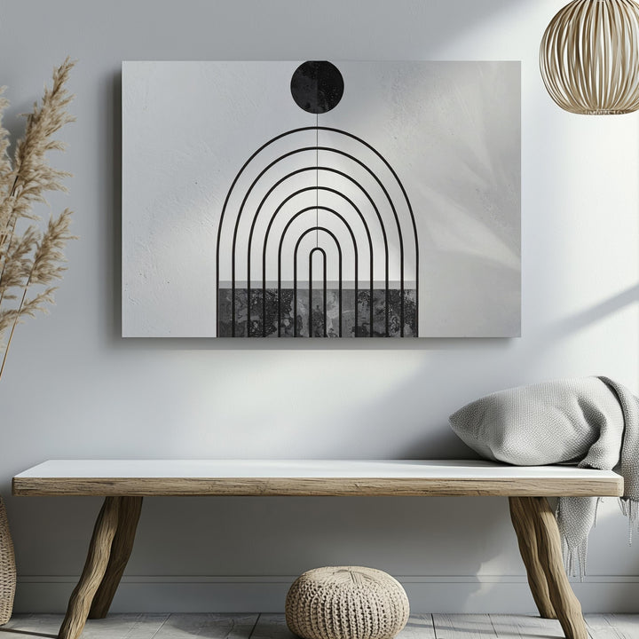 Celestial Arches Canvas – Modern Geometric Art with Black Circle and Concentric Arches - Gifitto