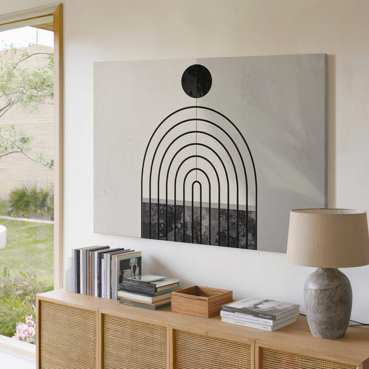 Celestial Arches Canvas – Modern Geometric Art with Black Circle and Concentric Arches - Gifitto
