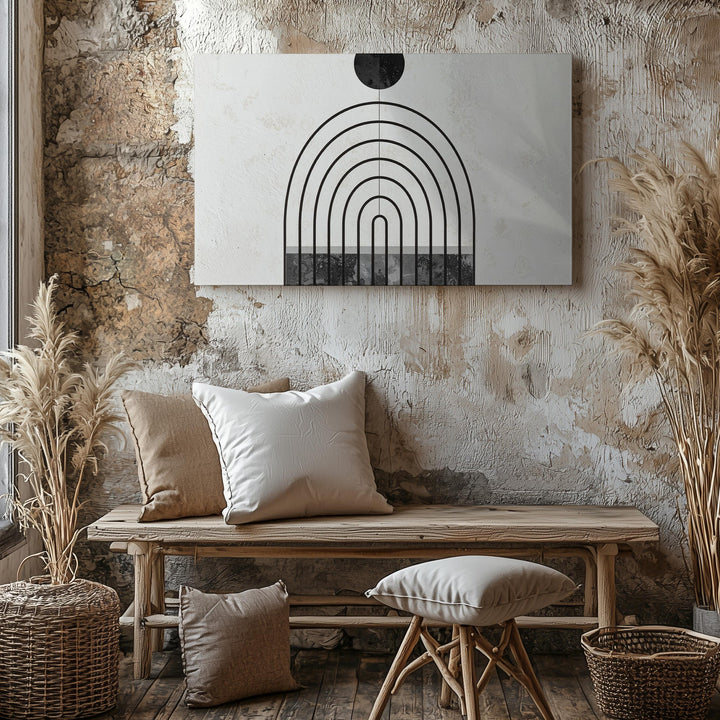 Celestial Arches Canvas – Modern Geometric Art with Black Circle and Concentric Arches - Gifitto