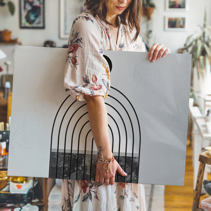 Celestial Arches Canvas – Modern Geometric Art with Black Circle and Concentric Arches - Gifitto