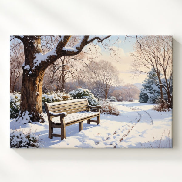 Solitude in Snow Canvas – Peaceful Winter Park Scene with Bench & Tree - Gifitto