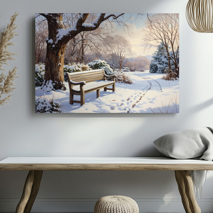 Solitude in Snow Canvas – Peaceful Winter Park Scene with Bench & Tree - Gifitto