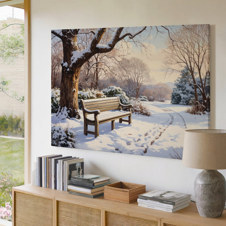 Solitude in Snow Canvas – Peaceful Winter Park Scene with Bench & Tree - Gifitto