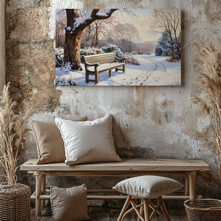 Solitude in Snow Canvas – Peaceful Winter Park Scene with Bench & Tree - Gifitto