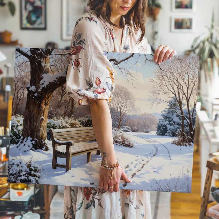 Solitude in Snow Canvas – Peaceful Winter Park Scene with Bench & Tree - Gifitto