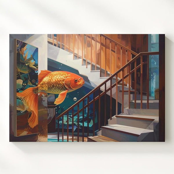 Surreal Goldfish Interior Canvas – Mid-Century Room with Floating Fish Art - Gifitto