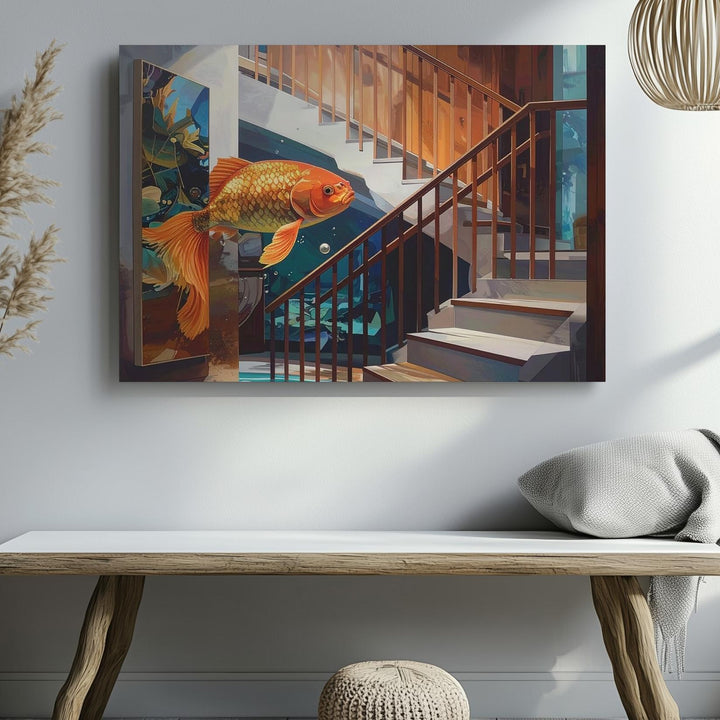 Surreal Goldfish Interior Canvas – Mid-Century Room with Floating Fish Art - Gifitto