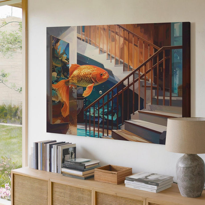 Surreal Goldfish Interior Canvas – Mid-Century Room with Floating Fish Art - Gifitto