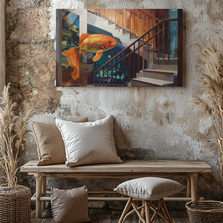 Surreal Goldfish Interior Canvas – Mid-Century Room with Floating Fish Art - Gifitto