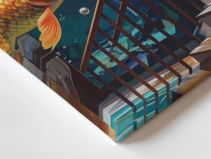 Surreal Goldfish Interior Canvas – Mid-Century Room with Floating Fish Art - Gifitto